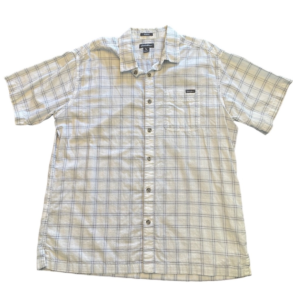 Eddie Bauer Men’s Relaxed Fit Short Sleeve Blue/White Plaid Shirt Sz L EUC